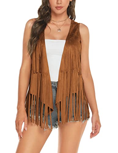 Zeagoo Women's Fringe Vest 70S Outfits For Women Hippie Faux Suede Fringe Jacket Fashion Vest Festival Clothing Brown L #TOP30