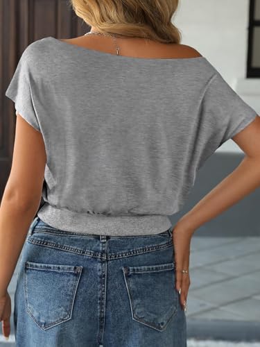 Image of SOFIA'S CHOICE Women's Off The Shoulder T Shirt Crop Top Casual Summer Dolman Sleeve Asymmetrical Cinched Waist Tops