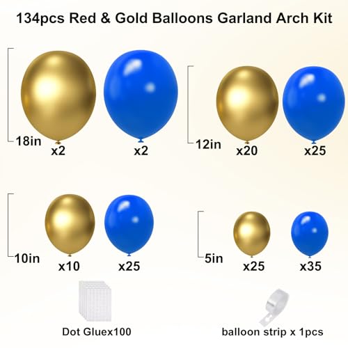 Image of YMSZ Royal Blue and Gold Balloons Garland Arch Kit, 134pcs Metallic Gold and Blue Balloons for Birthday, Baby Shower, Anniversary, Graduation Party Decorations