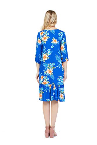 Couple Matching Hawaiian Luau Shirt 3/4 Sleeve Ruffle Dress in Hibiscus Blue4