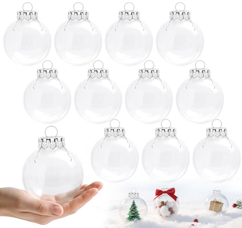 ilauke 12pcs Clear Baubles for Crafting, Fillable Baubles Christmas Decorations, Shatterproof Plastic Fillable Xmas Tree Balls Hanging Ornaments for Wedding Party Christmas Home Decor (60 mm)