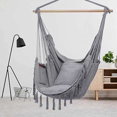 Y- STOP Hammock Chair Hanging Rope Swing-Max 330 Lbs-2 Cushions Included-Large Macrame Hanging Chair with Pocket- Quality Cotton Weave for Superior Comfort,Durability (Light Grey)
