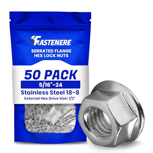 Fastenere Serrated Flange Nuts – 5/16"-24 (50-Pack), Durable Stainless Steel 18-8 Hex Lock Hardware Nuts, Corrosion-Resistant, Fine Plain Finish for Home, Automotive &amp; Industrial Use