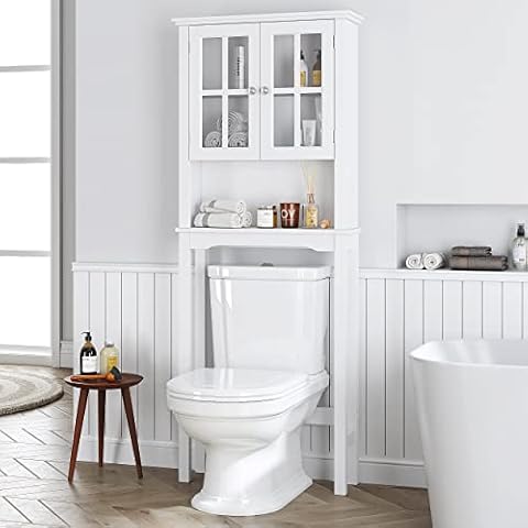 Spirich Home Bathroom Cabinet Over The Toilet, Bathroom Storage Cabinet with Windowpanel Glass Doors and Adjustable Shelves, Over The Toilet Storage Shelf, White Cover