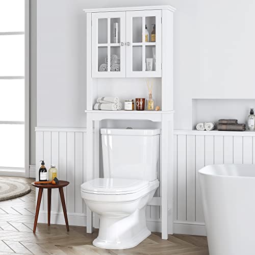 Spirich Gabinete de baño para el hogar sobre el inodoro, gabinete de almacenamiento de baño con puertas de vidrio y estantes ajustables, sobre el estante de almacenamiento del inodoro, blanco Cover