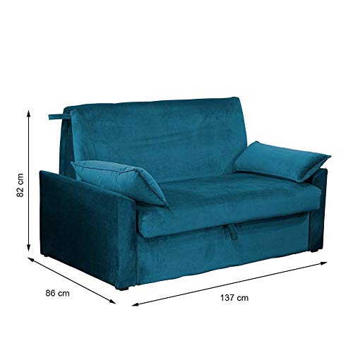 Sofá-Cama Casal 2 Lugares Cristal Veludo com Baú e Almofadas Azul