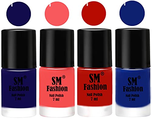 Image of Nail Polish Combo Set (Pack of 4) Quick Dry Gel Finish Nail Paint | Dark Blue,Light Pink,Red Orange,Blue | 7 ml Each