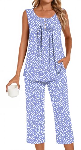 Image of Bestbee Women's Sleeveless Pajama Sets 2 Piece Sleepwear Summer Lounge Outfits Henley Tanks Capri Pants Ladies Pjs