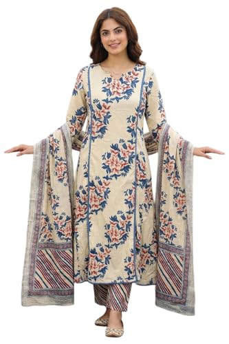 Image of GoSriKi Kurta Sets for Women Viscose Printed | Kurti Set for Woman | A-Line Kurta Pant Dupatta Set | 3 Piece Set Women | V Slit Round-Neck 3 /4 Sleeve Regular Fit Stylish Ethnic Outfit Clothing