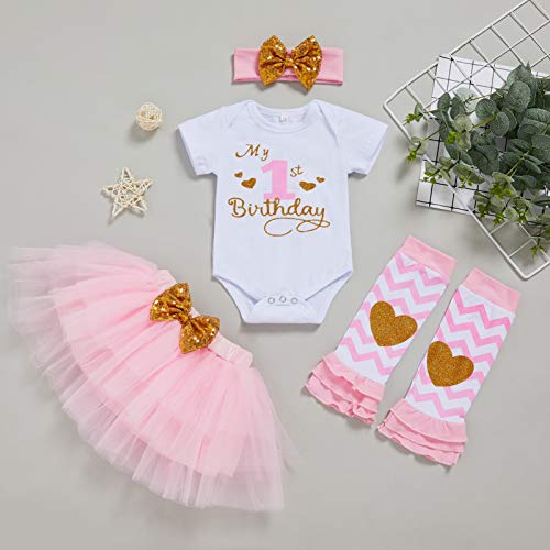 My 1St Birthday Outfit Baby Girl Short Sleeve Romper Tutu Skirt Sequins Bow Headband Leg Warmers Clothes 4Pcs Set (Pink3, 12-18 Months) #TOP1