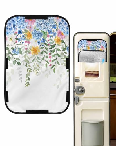 LEOKOTI RV Door Window Shade, Blue Spring Floral Blackout RV Window Shades Foldable, Green Summer Botanical Watercolor Flower Privacy Insulation Car Covers 16