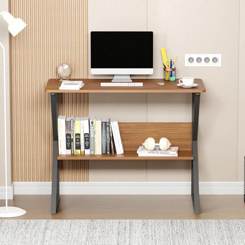 Lukzer Modern Engineered Wood Computer Desk with Built-in Bookshelf, Space-Saving Design, Oak Brown Top & Black Frame, 100x50x78cm (MST-001) - Image 4