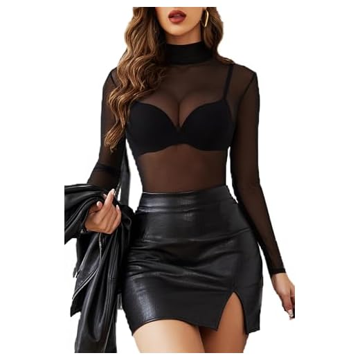 Avidlove Body Damen Sexy Bodysuit Elegant Langarmshirt Bluse Top Spitzen Body Mesh Oberteiel Rollkragen Langarm T-Shirt Pullover，B02 L