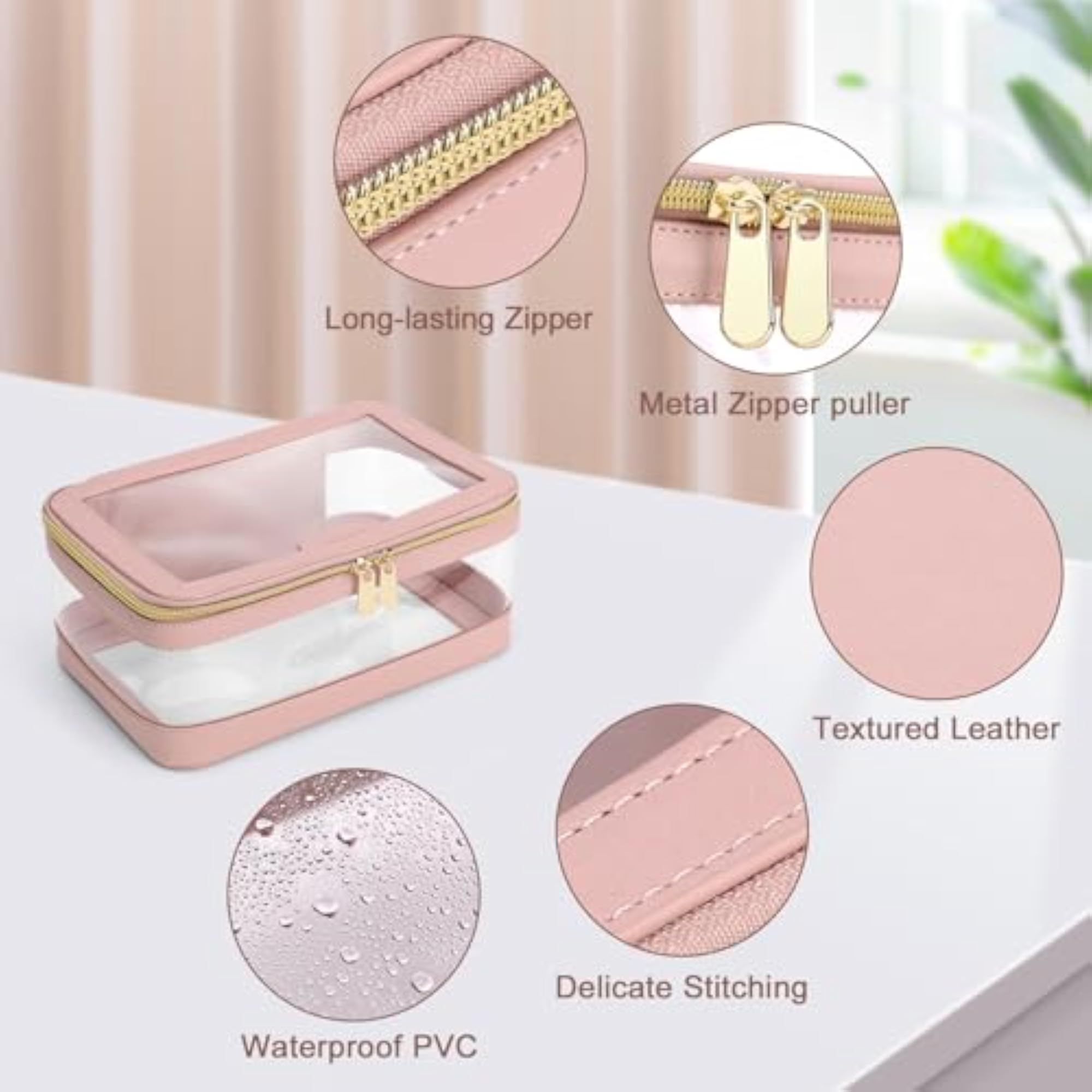 Travel Clear Makeup Bag with Brush Holder, Leather Case