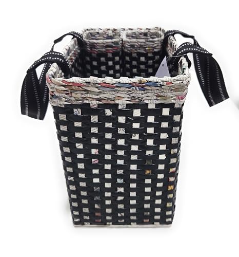 Image of Paperus, Black Check, Large, Lunch Bag with 2 Water Bottle Holders, Picnic Basket, Travel Bag, Eco-Friendly, Handmade, of Paper Ropes, Length 14 inch, Height 11 inch & 7 Inch Broad Base