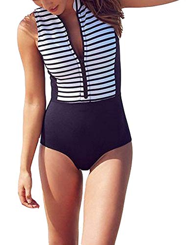 Women's High Neck Zip Front Striped One Piece Sleeveless Rash Guard Swimsuit Sun Protection Navy Blue