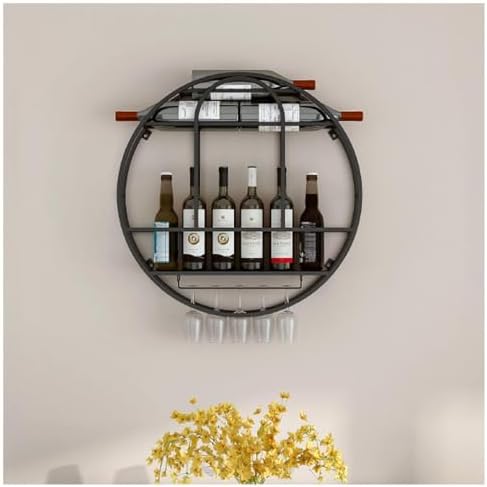 Wall Mounted Wine Rack, Round Bar Shelves Wall Mounted Kitchen Storage with Wine Glass Holder Liquor Shelf Modern Metal Display Rack for Kitchen Home Bar(Black,27.5in)