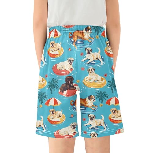 ALAZA Puppy Dog Palm Leaves Ocean Blue Pajama Shorts Sleep Shorts Pant Lounge Pajama Bottoms Elastic Waist with Pockets2