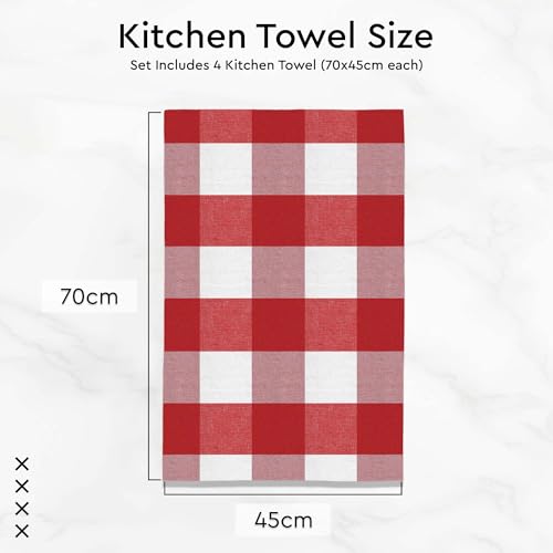 Image of Encasa XO Kitchen Towels Cotton Pack of 4 | 70x45 cm, Buffalo Red Checks - Dish Cloths | Highly Absorbent Cleaning & Wiping Cloths for Kitchen | Reusable Tea Towels