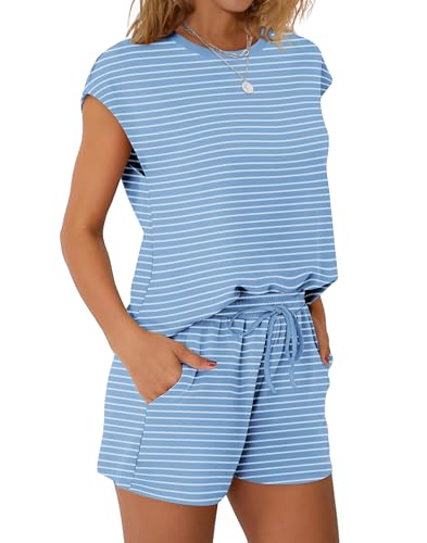 Image of WIHOLL Two Piece Sets for Women Summer Crew Neck Lounge Short Sets Cap Sleeve Drawstring Sweatsuit with Pocket