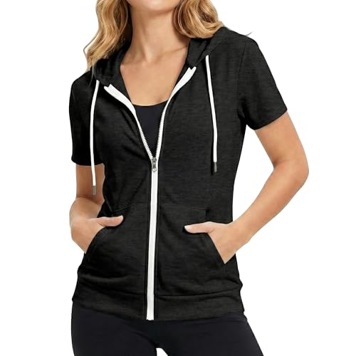 GIVON Womens Slim Fit Zip Up Hoodie Short Sleeve Thin...