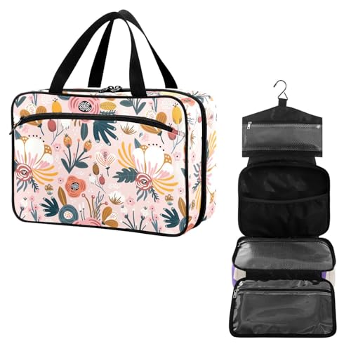 Travel Toiletry Bag for Woman/Men,Pink Floral Boho Hanging Organizer Bag with Pockets Portable Folding Travel Case Bags for Makeup Cosmetic Toiletries Storage Traveling-L