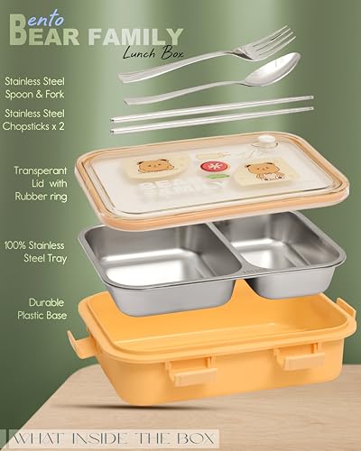 Image of Brand Conquer Lunch Box Leak-Proof BPA Free Stainless Steel for School, Lunch Box for School & Office with a Fork, a Spoon and a Pair of Chopsticks (Yellow, Bear Family 2 Compartment)
