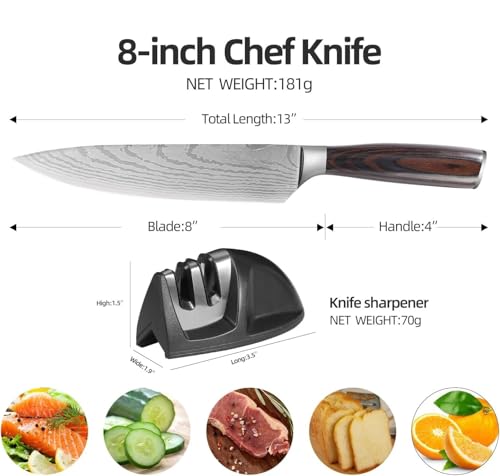 Image of Chef Knife With Knife Sharpener, Kitchen Knife 8 inch Professional, Ultra Sharp with Long Lasting Blade, High Carbon Stainless Steel Chopping, Carving Knife Brown Pakkawood Handle with Gift Box