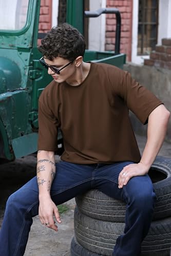 Image of Zilcon Mens Solid Unique Design Tshirt for Men - Round Neck Loose Fit Drop Shoulder Polo Mens T-Shirt