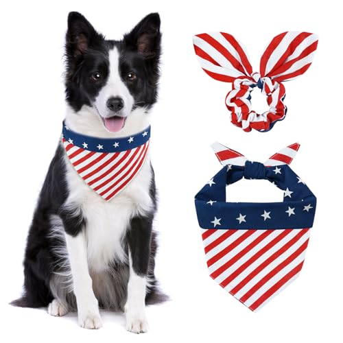 E-Clover 4th of July Dog Bandanas & Matching Scrunchie Set American Flag Dog Scarf Washable Patriotic Pet Bandana Triangle Kerchief Bibs for Medium Large Dogs Owner Gifts