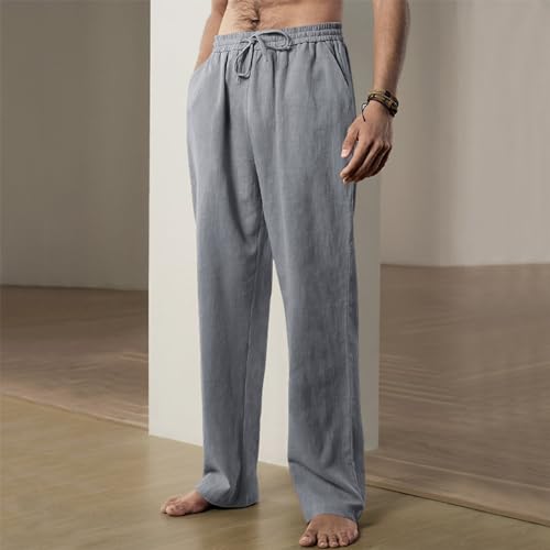 Linen Pants Men Plus Size Casual Summer Beach Pants Loose Fit Lightweight Drawstirng Waist Boho Pants with Pockets2