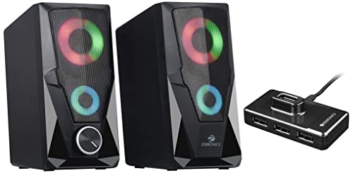 Zebronics Zeb-Warrior 2.0 Multimedia Speaker with Aux Connectivity,USB Powered and Volume Control & Zeb-100HB 4 Ports USB Hub for Laptop, PC Computers, Plug & Play, Backward Compatible – Black