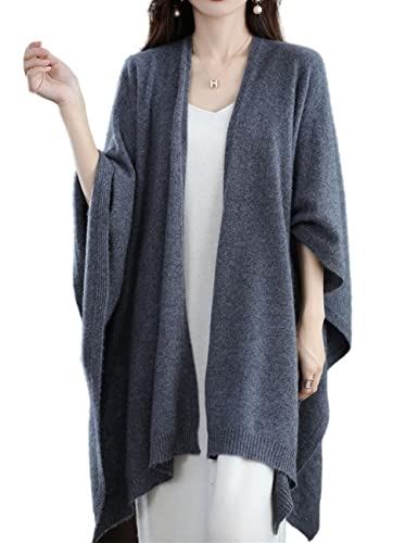 Cárdigan tipo chal para mujer, talla grande, 100 % lana merino, poncho para otoño e invierno, abrigo abierto, Gris oscuro, talla única