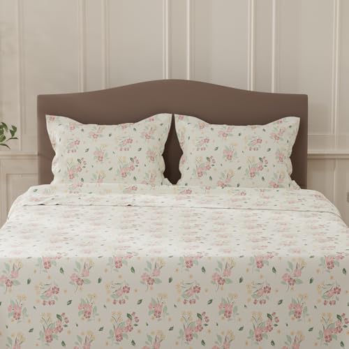 Image of Layers 100% Cotton Bedsheet for Double Size Bed | Lumina Floret Collection | 144 TC Soft & Breathable | Floral Print with 2 Pillow Covers | Wrinkle Free | 3 Piece Bedding Set - Pink & White