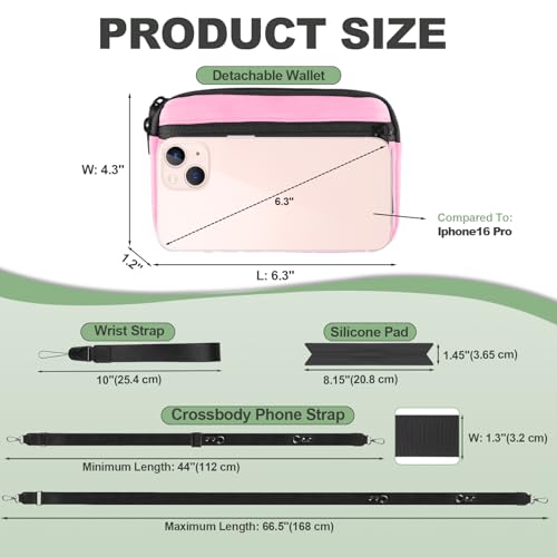 Image of YFWE Clip and Go Strap for Phone with Wallet Crossbody, Adjustable Phone Lanyard with Detachable RFID Wristlet Wallet & Ultra-Thin 360 Rotatable Metal Tabs for All Smartphones (Pink)