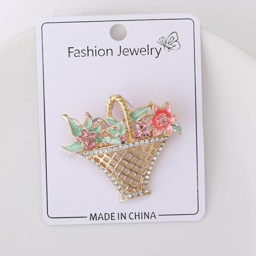 Image of PINK TOWN Rhinestone Flower Basket Brooch For Women Colorful Crystal Flower Basket Brooch Pin Dainty Elegant Clothing Hat Bag Accessories Gold