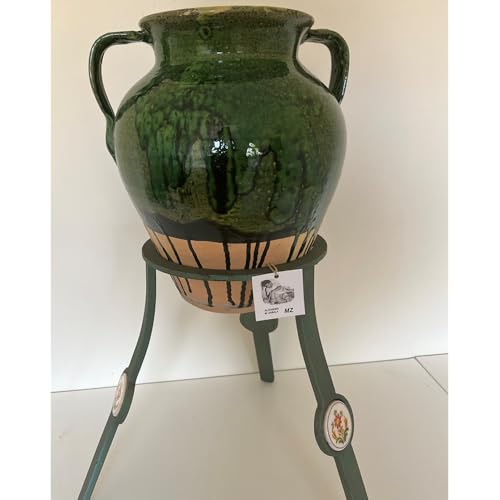Tinaja 100% artesanal verde ANTIGUO con dos asas 33 cm de alta por 30 cm de ancho con pie de forja