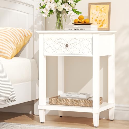 Farmhouse Nightstand with Drawers, Bedside Tables, Side Tables Bedroom, Charming Carved Motifs, Pine Leg, Solid Wood Frame, End Tables Living Room, Drawer Pre-Assembled, Painted, Distressed White