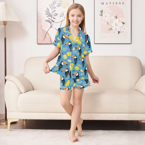 Cute Toucans and Lemons Summer Satin Pajama Set, Cute Button-Down Sleepwear Pj Set for Sleep Wears3