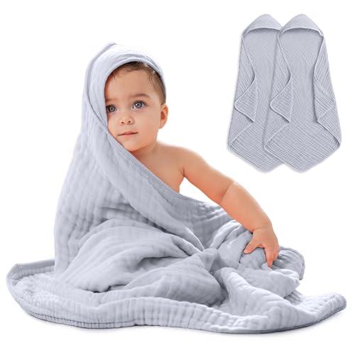 Image of Comfy Cubs 2 Pack Baby Hooded 9 Layer Muslin Cotton Towel for Kids, Large 32” x 32”, Ultra Soft, Warm, and Absorbent. Baby Essentials Bath Towels, Cute Unisex for Girls and Boys (2 Pack, Slate Grey)
