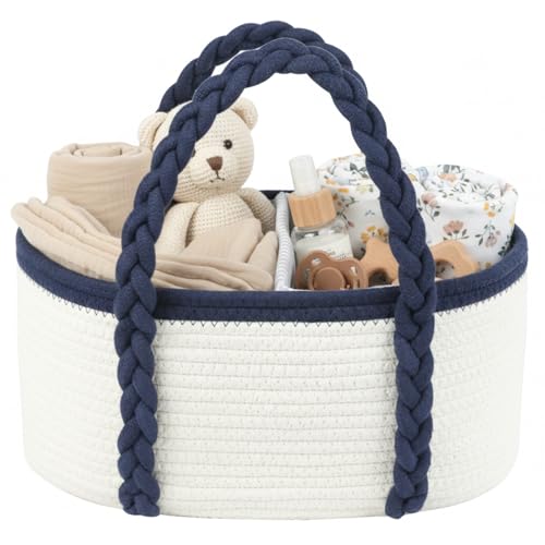 Image of Baby Diaper Caddy, Portable Diaper Organizer for Changing Table, Car Travel Baby Shower Gifts Newborn Essentials, Cotton Rope Nursery Storage Basket for Boys (White＆Navy Blue)