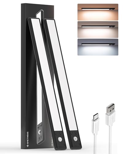 AMETHEUS Under Cabinet Lighting Wireless, 3200mAh Rechargeable Under Counter Lights for Kitchen, 68 LED Magnetic Dimmable Motion Sensor with 3 Color Temps, Closet Lights(14.5in, 2PCS)
