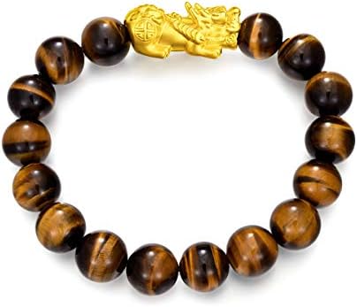 CHOW TAI FOOK 999 24K Gold Pixiu Charm with Tiger Eye Agate Large Marbles Bracelet