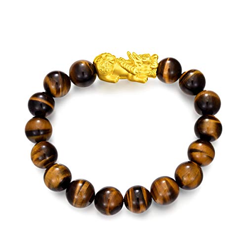 Chow Tai Fook 999 24K Gold Pixiu Charm With Tiger Eye Agate Large Marbles Bracelet #TOP6