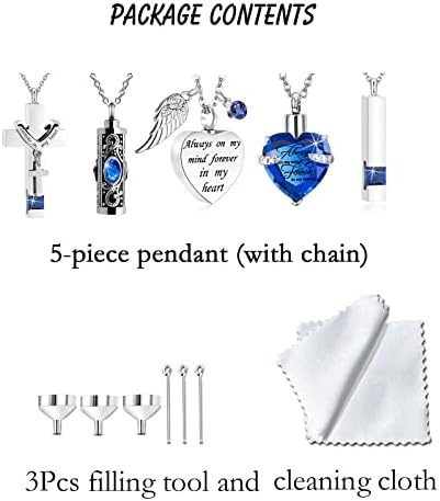 weikui 5 Pieces Cremation Urn Necklace Heart for Ashes Crystal Heart/Cross/Cylinder/Cubic Memorial Locket Stainless Steel Pendant Necklace for Women Men Keepsake