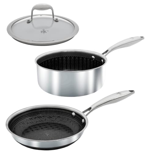 Comparison: Best Clad Cooking Ware 10 Hell's Kitchen Hybrid 3 Piece Set, 8-inch Frying Pan, 2.5 Qt Saucepan and Tempered Glass Lids, Tri-Clad Stainless Steel and PFAS-Free Ceramic Nonstick, Metal Utensil Safe, All Cooktops, Oven Safe