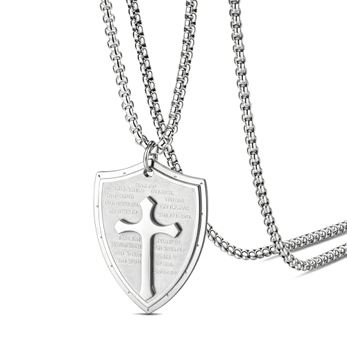 YAUFUZE Armor of God Shield Cross Necklace, Silver Stainless Steel Pendant