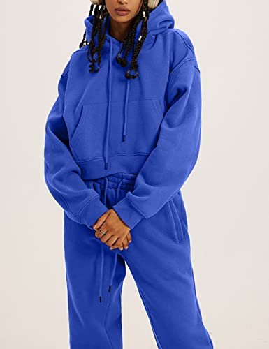 Image of Flygo Womens Fleece 2 Piece Outfits Fall Crop Pullover Jogger Sweatsuit Set | Warm Fleece Lining, Drawstring Hood, Thumb Hole, Kangaroo Pockets, High Elastic Waist Pants Tracksuit, Airport, Travel, Work