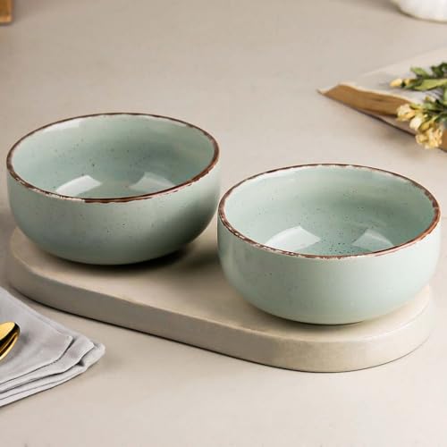 Image of The Earth Store Glossy Mint Marble 580ml Each Ceramic Bowls Set of 2 for Serving Snacks, Pasta, Noodle, Maggi, Cereal Microwave Safe Serving Bowl Set | Perfect for Gifting, Daily Use