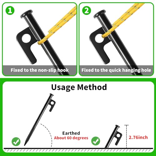 Tent Stakes Heavy Duty Set - Juego de 16 estacas para tienda de acero forjado para camping, senderismo y exteriores, negro, agujero para colgar rápido, antideslizante miniatura 4